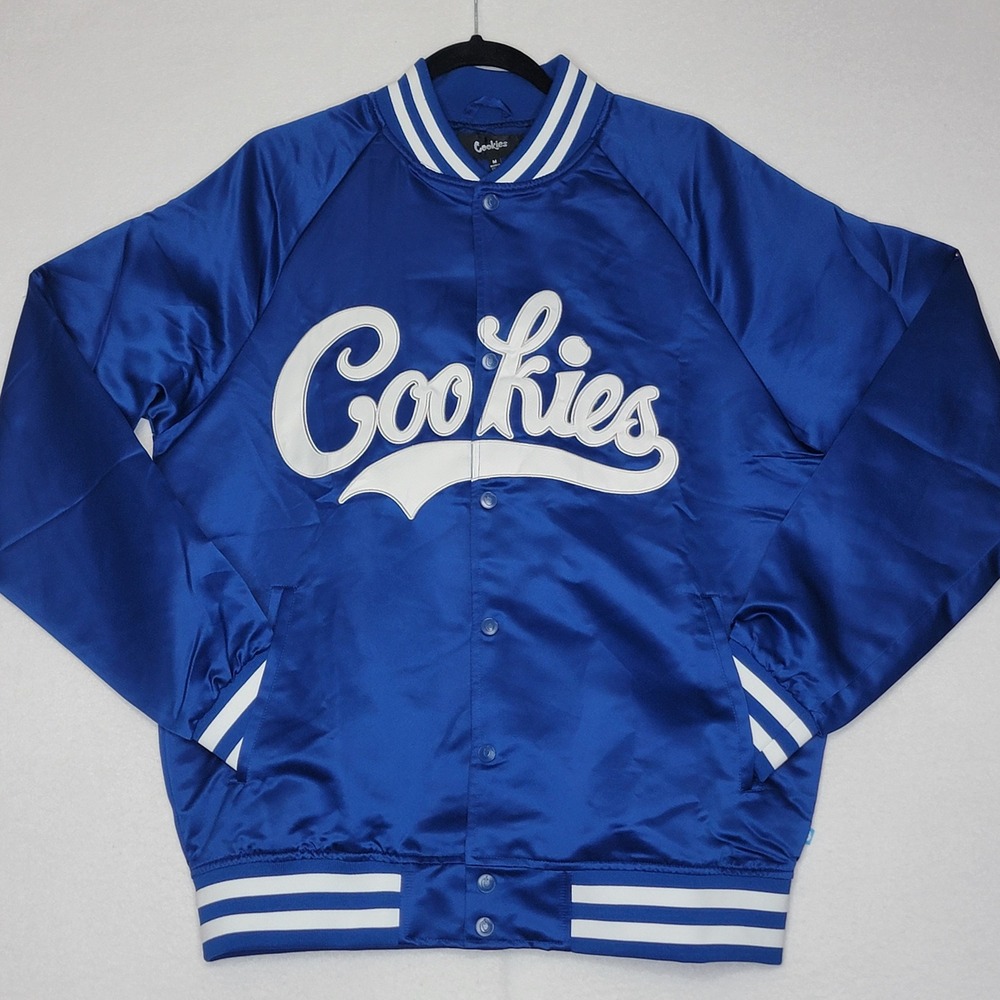 Cookies SF Mens Royal Blue Satin Varsity Jacket Script Logo Bomber Size Medium